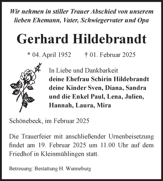 Traueranzeige von Gerhard Hildebrandt von Volksstimme Schönebeck