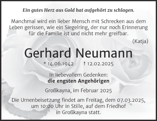 Traueranzeige von Gerhard Neumann von Trauerkombi Merseburg
