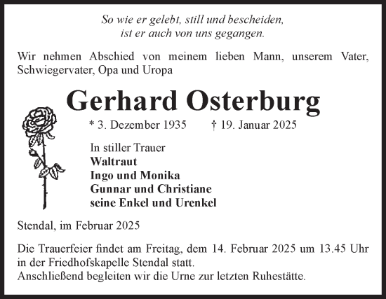 Traueranzeige von Gerhard Osterburg von Volksstimme Altmark Ost