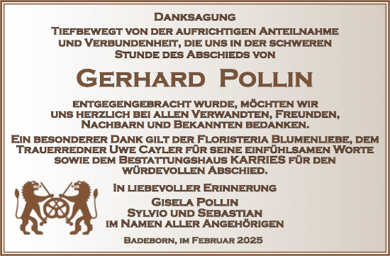 Traueranzeige von Gerhard Pollin von Trauerkombi Quedlinburg