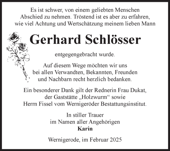 Traueranzeige von Gerhard Schlösser von Volksstimme Wernigerode