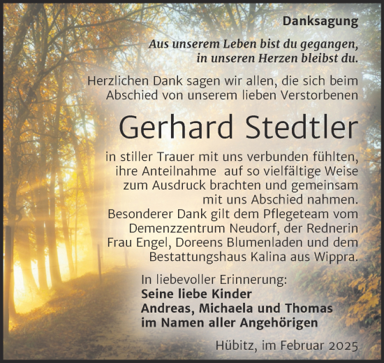 Traueranzeige von Gerhard Stedtler von Trauerkombi Mansfelder Land