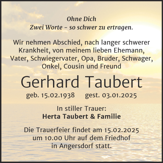 Traueranzeige von Gerhard Taubert von Mitteldeutsche Zeitung Halle/Saalkreis