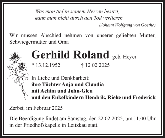 Traueranzeige von Gerhild Roland von Volksstimme Zerbst