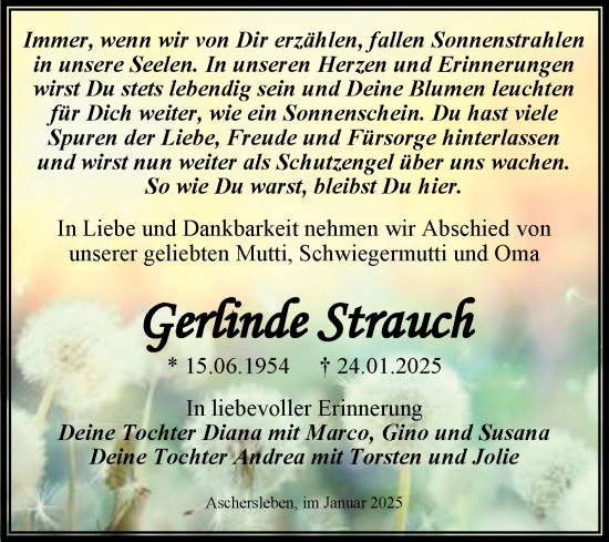 Traueranzeige von Gerlinde Strauch von Trauerkombi Aschersleben