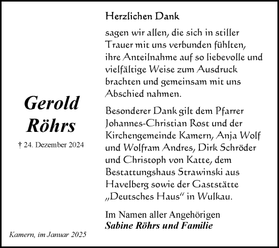 Traueranzeige von Gerold Röhrs  von Volksstimme Altmark Ost
