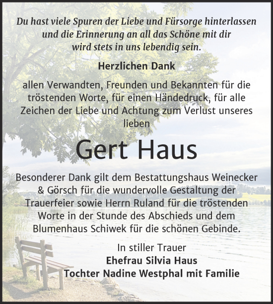 Traueranzeige von Gert Haus von Trauerkombi Bernburg