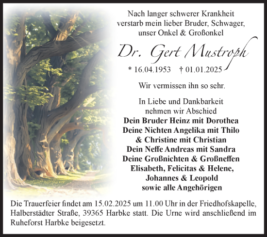Traueranzeige von Gert Mustroph von Volksstimme Magdeburg