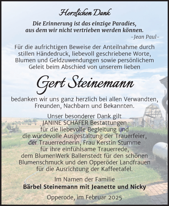 Traueranzeige von Gert Steinemann von Trauerkombi Quedlinburg