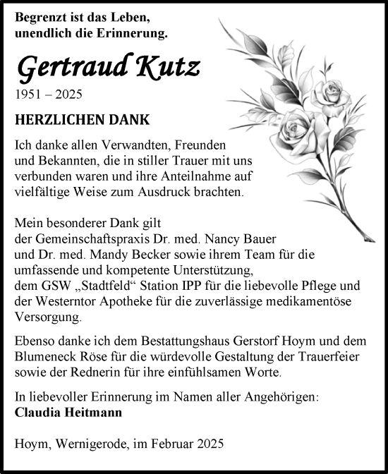 Traueranzeige von Gertraud Kutz von Trauerkombi Aschersleben
