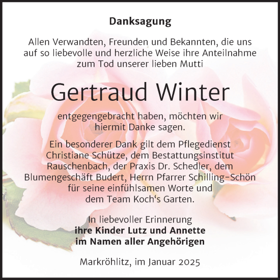 Traueranzeige von Gertraud Winter von Trauerkombi Weißenfels