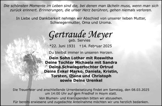 Traueranzeige von Gertraude Meyer von Trauerkombi Aschersleben