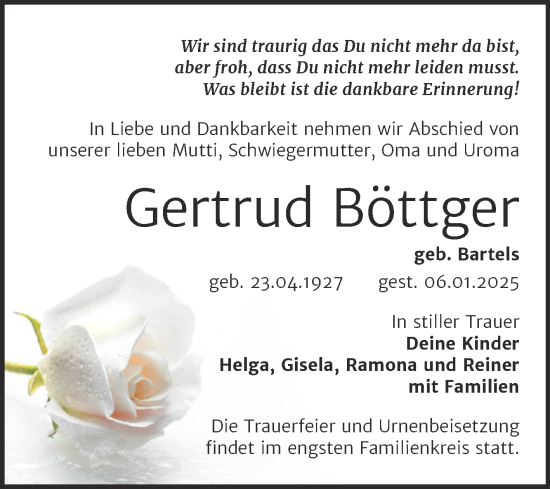 Traueranzeige von Gertrud Böttger von Trauerkombi Sangerhausen
