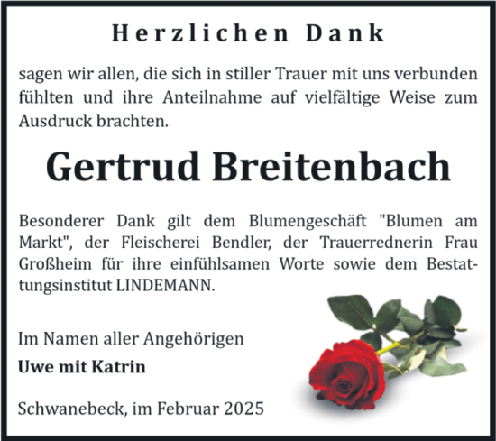 Traueranzeige von Gertrud Breitenbach von Volksstimme Halberstadt