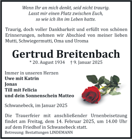 Traueranzeige von Gertrud Breitenbach von Volksstimme Halberstadt