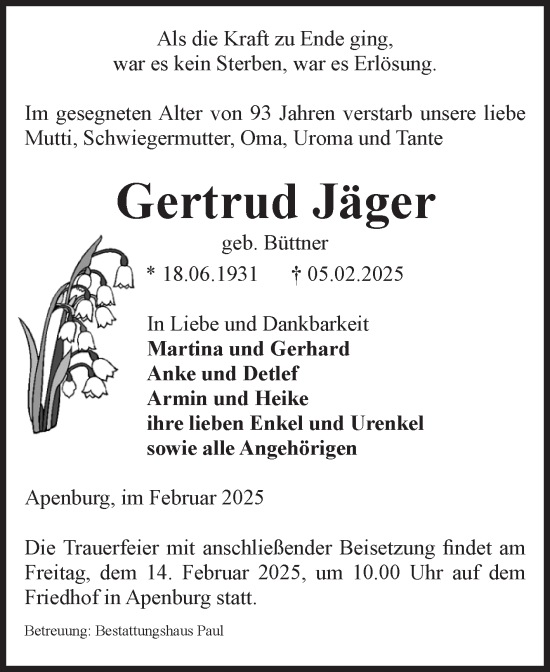 Traueranzeige von Gertrud Jäger von Volksstimme Altmark West
