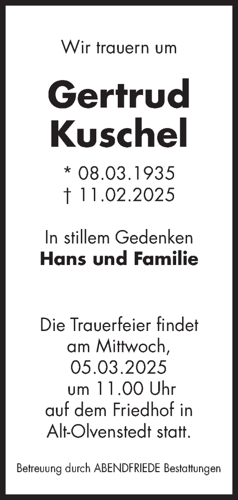 Traueranzeige von Gertrud Kuschel von Volksstimme Burg/Genthin