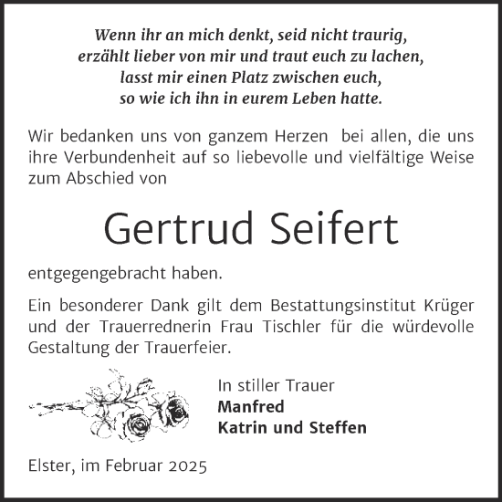 Traueranzeige von Gertrud Seifert von Super Sonntag Wittenberg