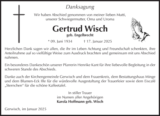 Traueranzeige von Gertrud Wisch von Volksstimme Burg/Genthin