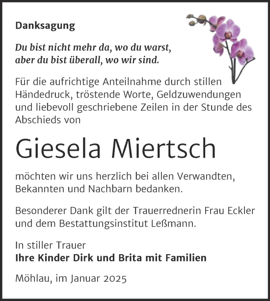 Traueranzeige von Giesela Miertsch von Trauerkombi Wittenberg