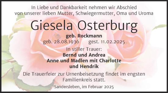 Traueranzeige von Giesela Osterburg von Trauerkombi Mansfelder Land