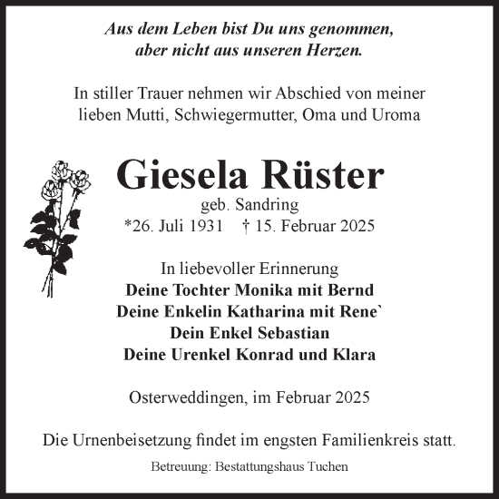 Traueranzeige von Giesela Rüster von Volksstimme Oschersleben/Wanzleben