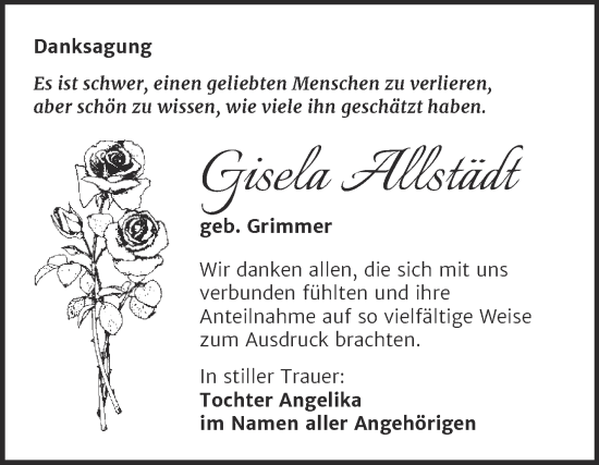 Traueranzeige von Gisela Allstädt von Trauerkombi Merseburg