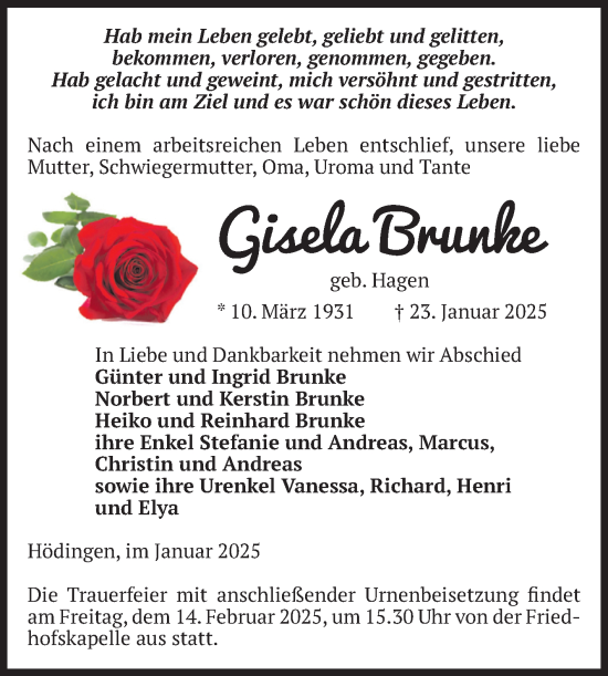 Traueranzeige von Gisela Brunke von Volksstimme Haldensleben/Wolmirstedt