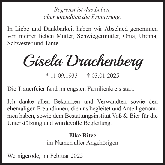 Traueranzeige von Gisela Drachenberg von Volksstimme Wernigerode
