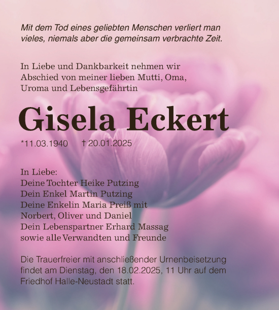 Traueranzeige von Gisela Eckert von Mitteldeutsche Zeitung Halle/Saalkreis