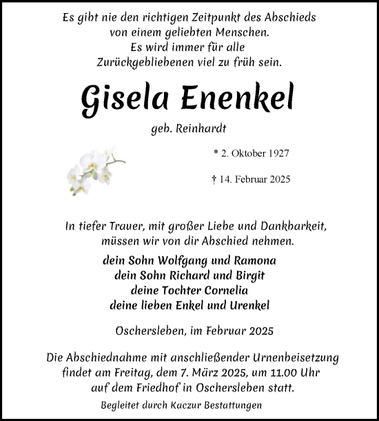 Traueranzeige von Gisela Enenkel von Volksstimme Oschersleben/Wanzleben