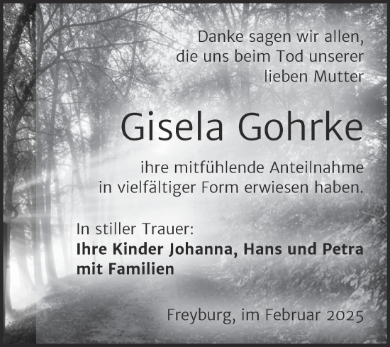 Traueranzeige von Gisela Gohrke von Super Sonntag Naumburg/Nebra