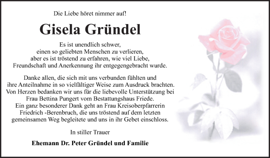 Traueranzeige von Gisela Gründel von Trauerkombi Dessau
