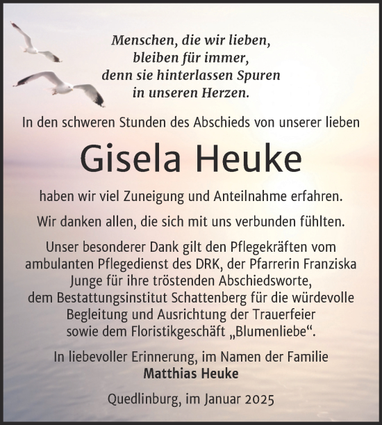 Traueranzeige von Gisela Heuke von Trauerkombi Quedlinburg