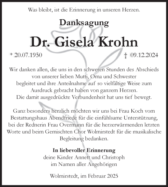 Traueranzeige von Gisela Krohn von Volksstimme Haldensleben/Wolmirstedt