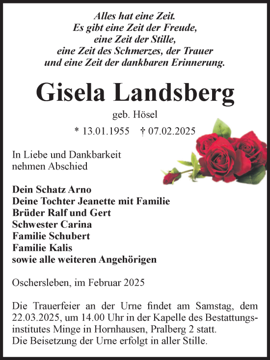 Traueranzeige von Gisela Landsberg von Volksstimme Oschersleben/Wanzleben