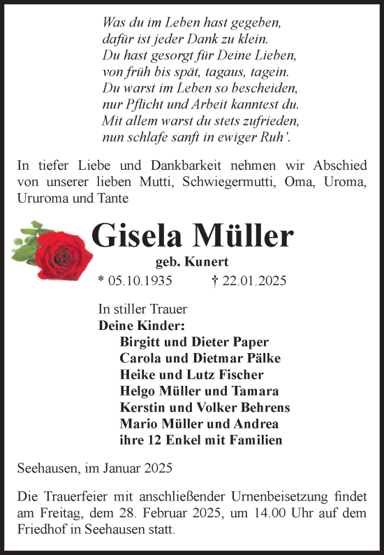 Traueranzeige von Gisela Müller von Volksstimme Altmark Ost
