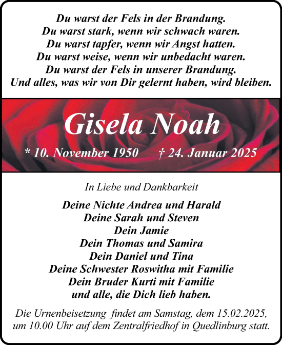 Traueranzeige von Gisela Noah von Trauerkombi Quedlinburg