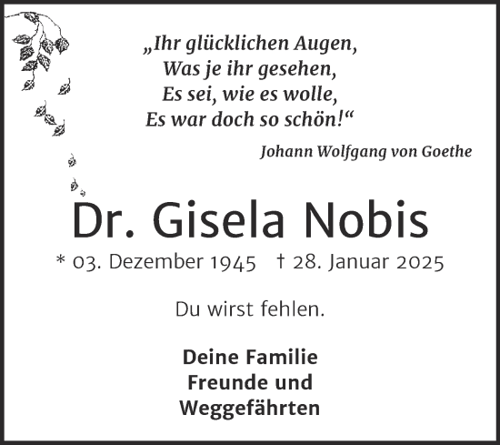 Traueranzeige von Gisela Nobis von Trauerkombi Dessau