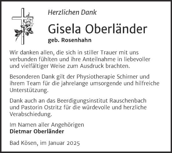 Traueranzeige von Gisela Oberländer von Naumburger Tageblatt