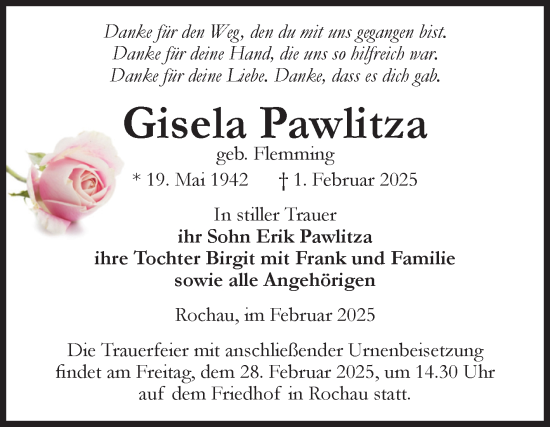 Traueranzeige von Gisela Pawlitza von Volksstimme Altmark Ost