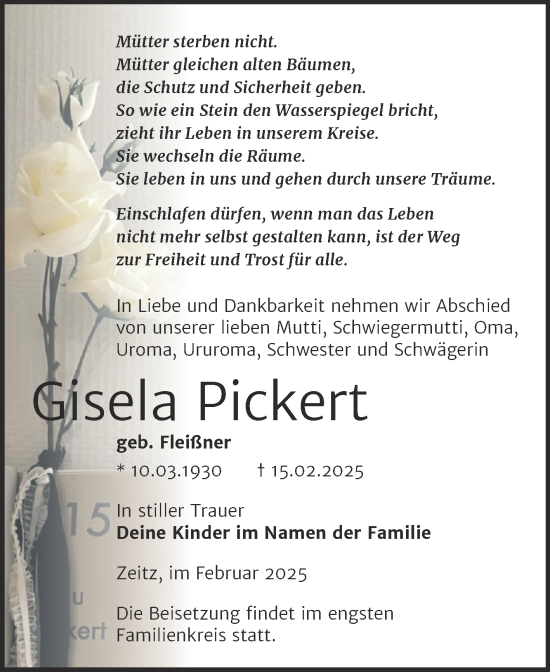 Traueranzeige von Gisela Pickert von Trauerkombi Zeitz