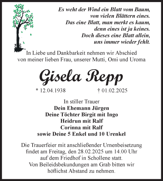Traueranzeige von Gisela Repp von Volksstimme Altmark Ost