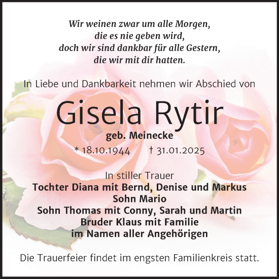 Traueranzeige von Gisela Rytir von Trauerkombi Bernburg