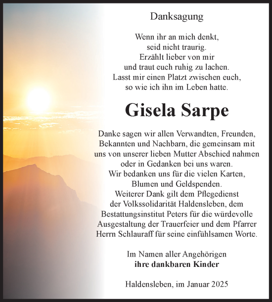 Traueranzeige von Gisela Sarpe von Volksstimme Haldensleben/Wolmirstedt