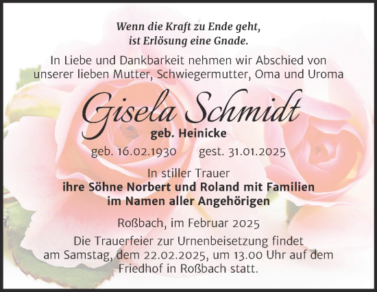 Traueranzeige von Gisela Schmidt von Trauerkombi Merseburg