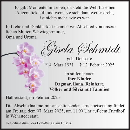 Traueranzeige von Gisela Schmidt von Volksstimme Halberstadt