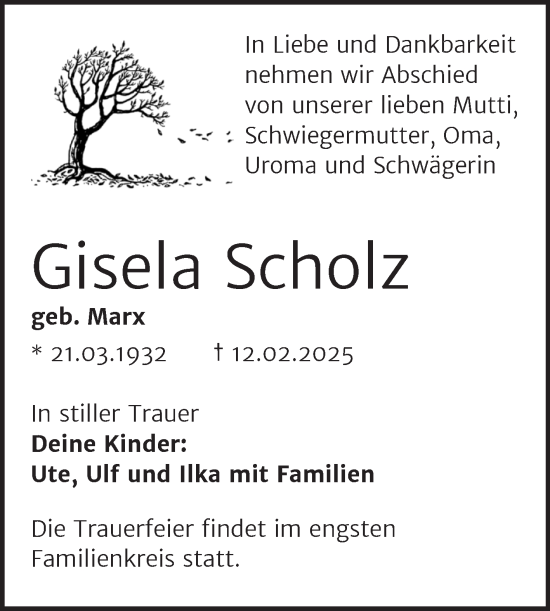Traueranzeige von Gisela Scholz von Trauerkombi Sangerhausen