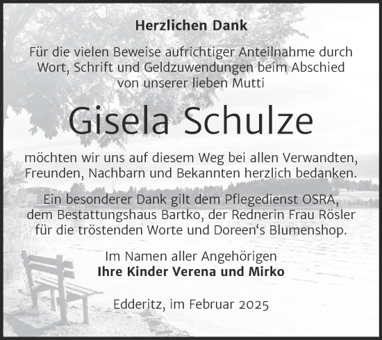 Traueranzeige von Gisela Schulze von Trauerkombi Köthen