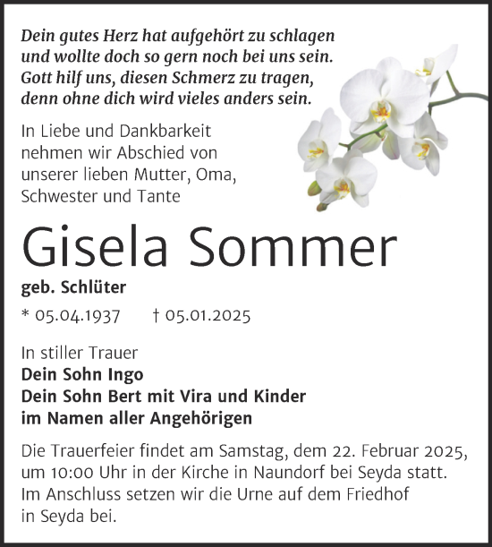 Traueranzeige von Gisela Sommer von Trauerkombi Wittenberg